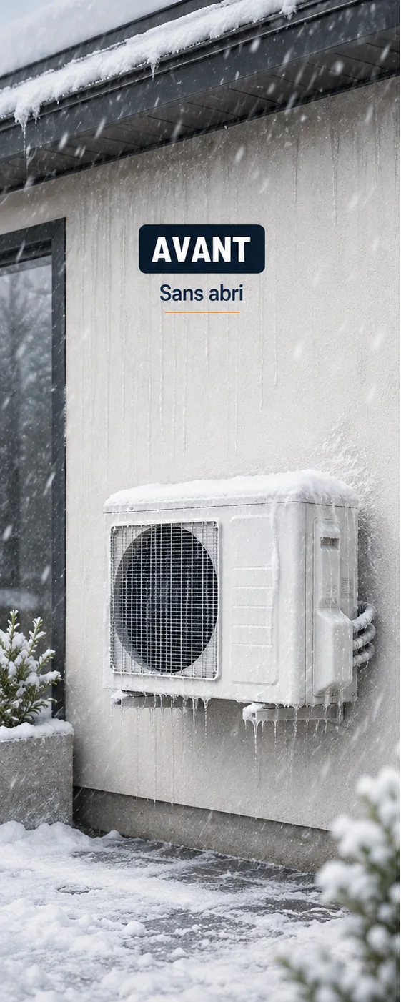 Thermopompe extérieure installée le long du mur, sans protection au-dessus