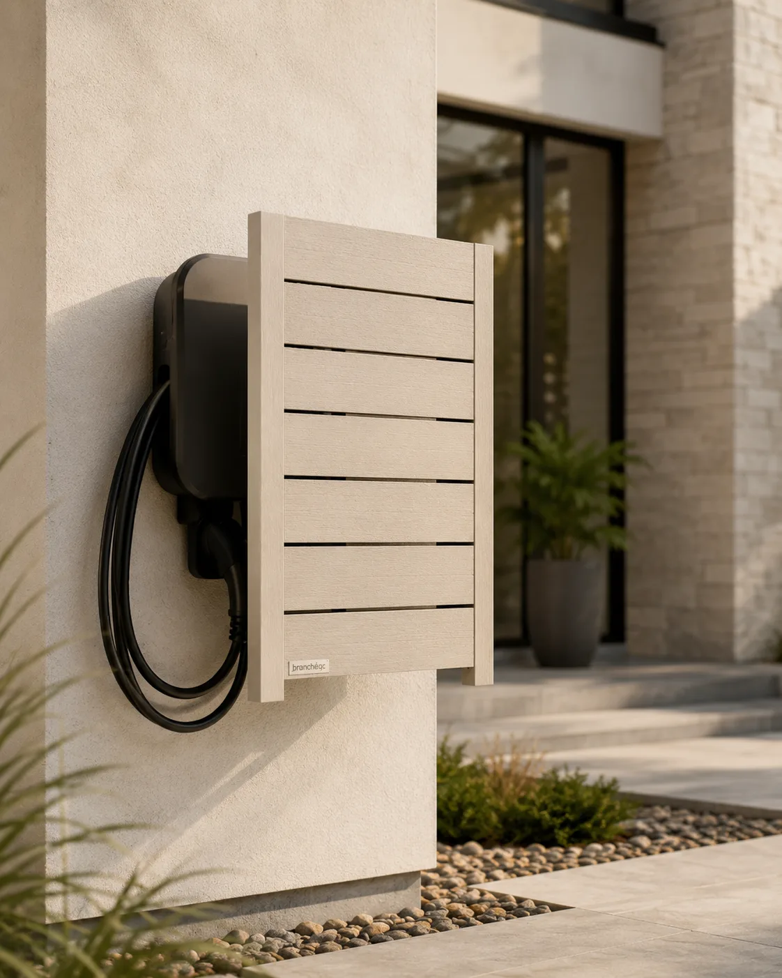 Cache-borne BranchéQC (Beige) installé à côté d'une borne de recharge sur une maison moderne