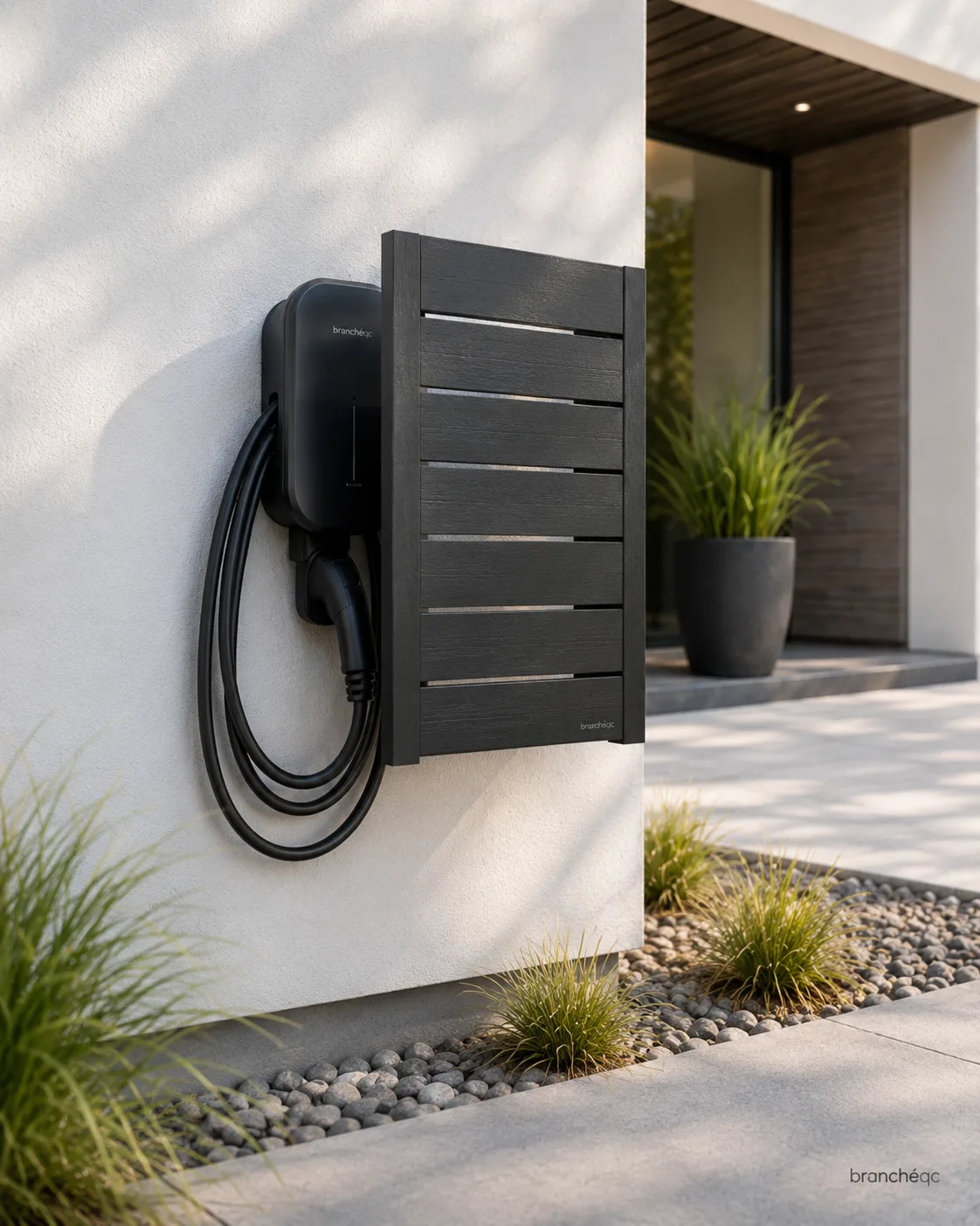 Cache-borne BranchéQC (Noir mat) installé à côté d'une borne de recharge sur une maison moderne