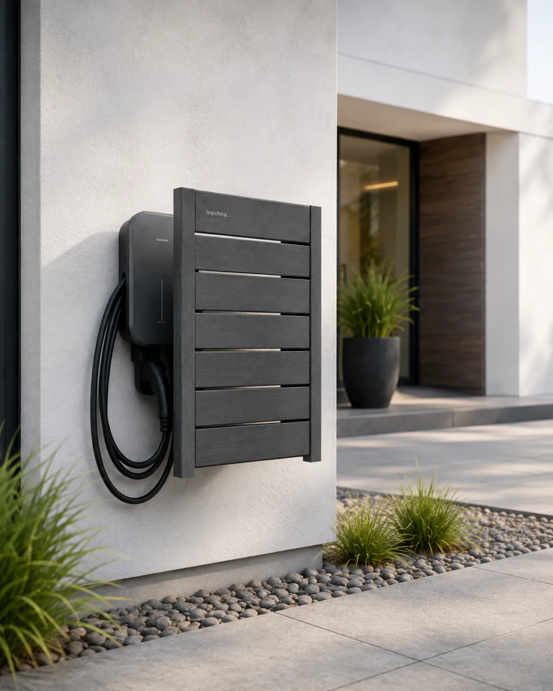 Cache-borne BranchéQC (Gris anthracite) installé à côté d'une borne de recharge sur une maison moderne