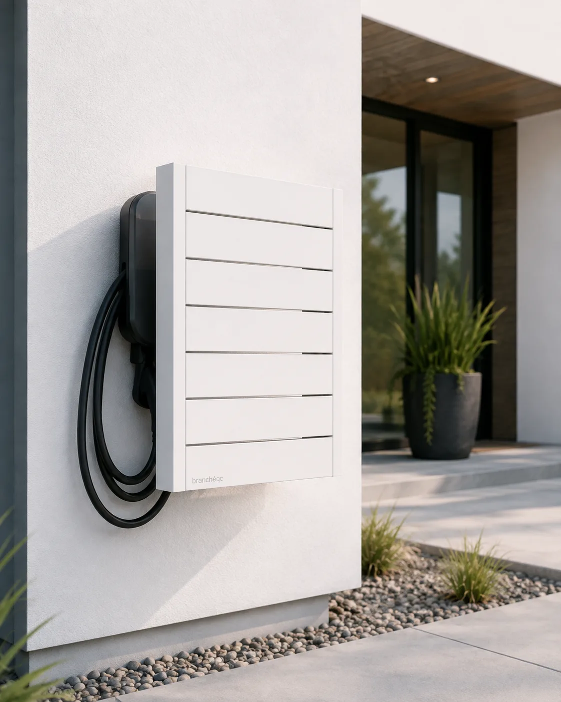 Cache-borne BranchéQC (Blanc) installé à côté d'une borne de recharge sur une maison moderne